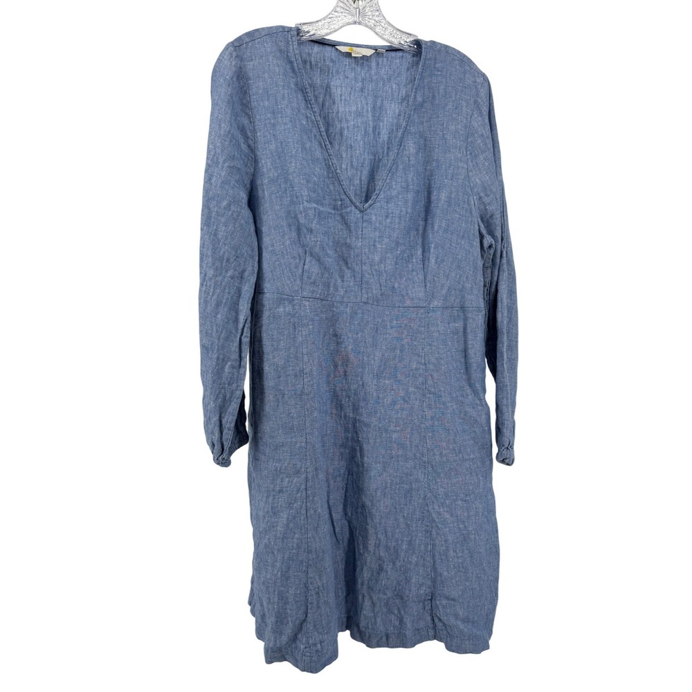 Boden Linen V-Neck Dress Womens 12L Blue Long Sleeve Pockets Casual Summer Shift